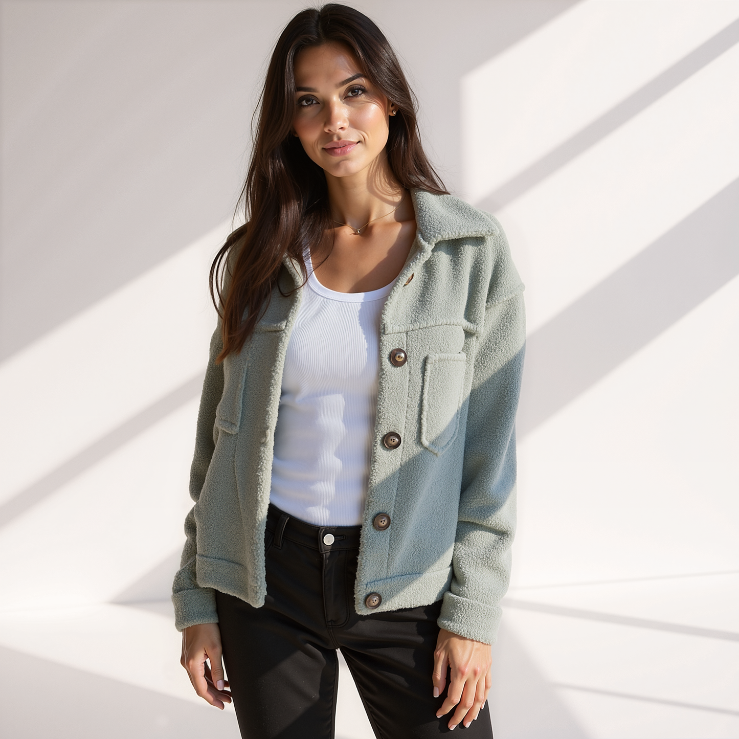 ModeGeist | Weiche Damen Teddy Herbstjacke mit Knöpfen und Taschen