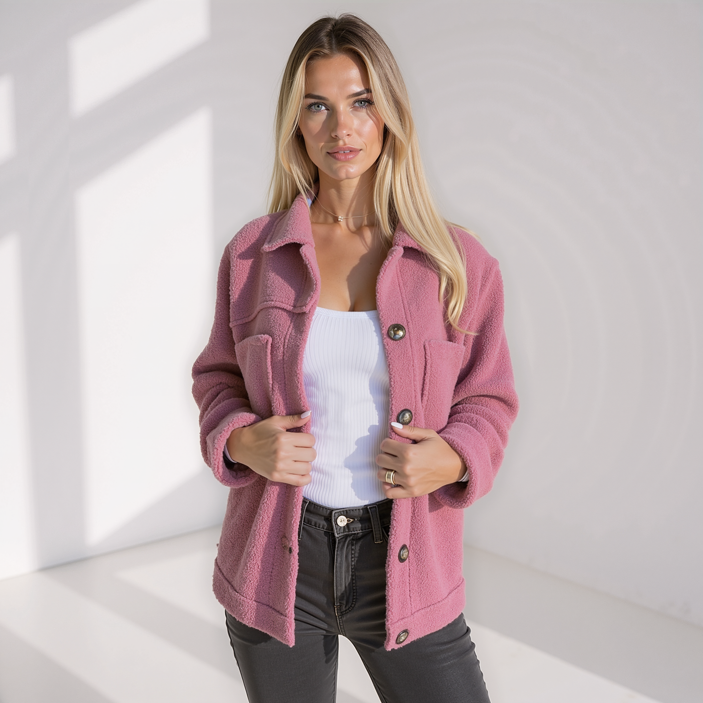 ModeGeist | Weiche Damen Teddy Herbstjacke mit Knöpfen und Taschen