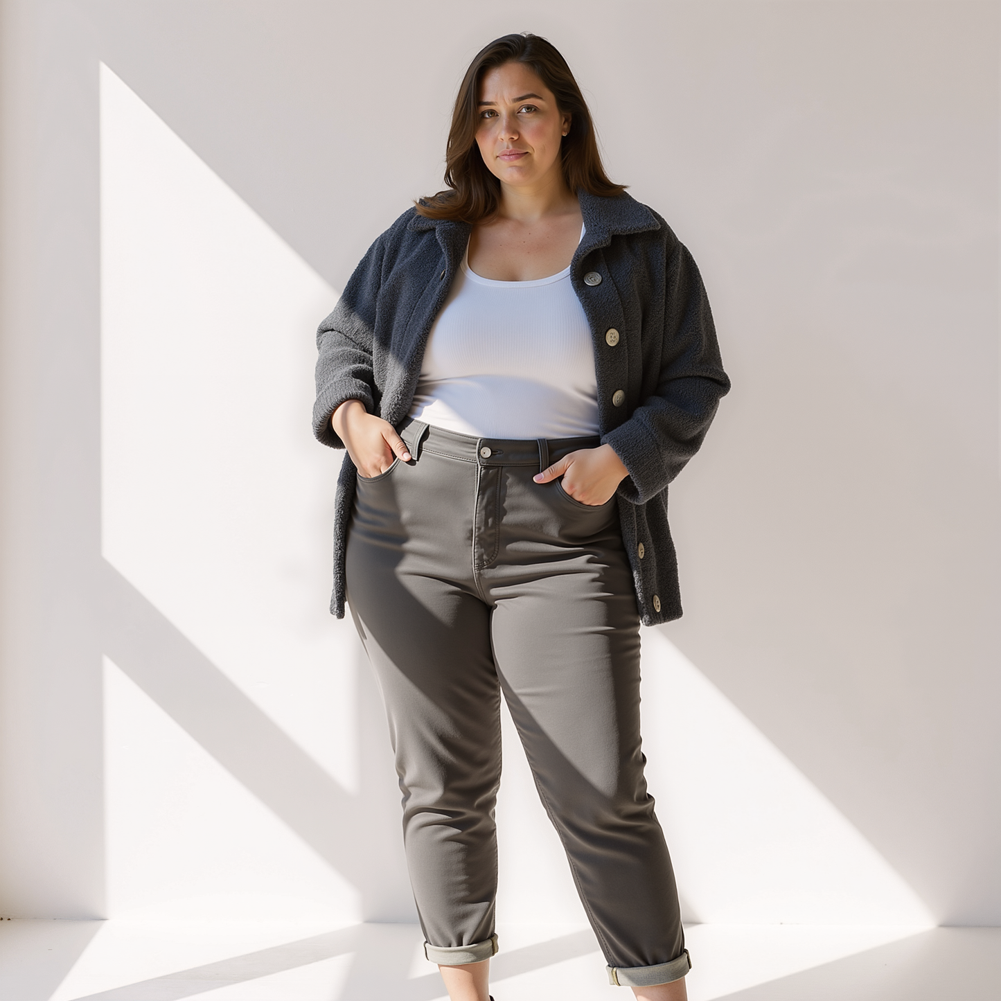 ModeGeist | Weiche Damen Teddy Herbstjacke mit Knöpfen und Taschen