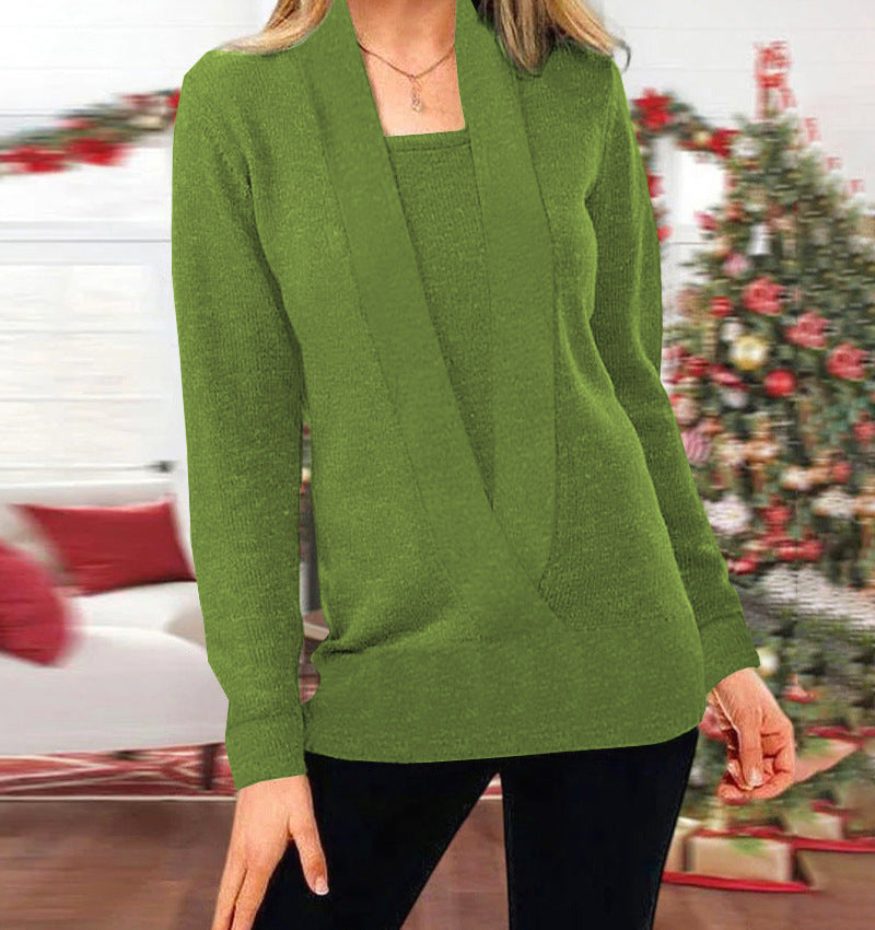 Denny Knit Solid Deep V-Neck Two-Piece Pullover Jacket