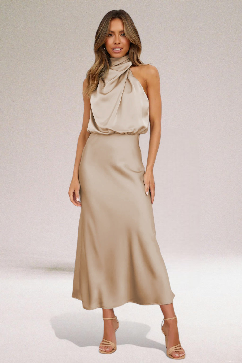 MODEGEIST Damen Neckholder Kleid Fließend Glänzend Elegant Abendkleid
