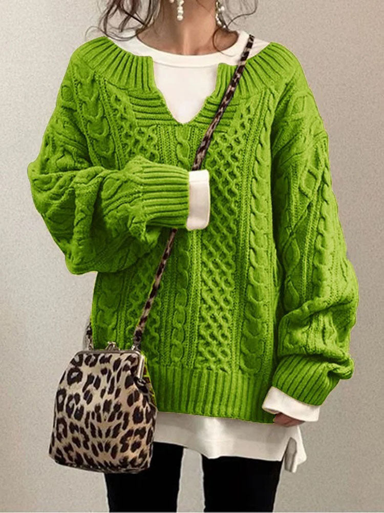 ModeGeist | Kabelstrickpullover - Damen Herbst Grobstrickpullover mit Schlitzkragen
