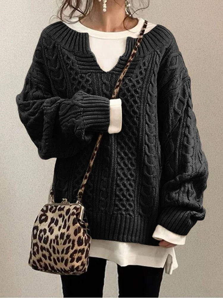 ModeGeist | Kabelstrickpullover - Damen Herbst Grobstrickpullover mit Schlitzkragen