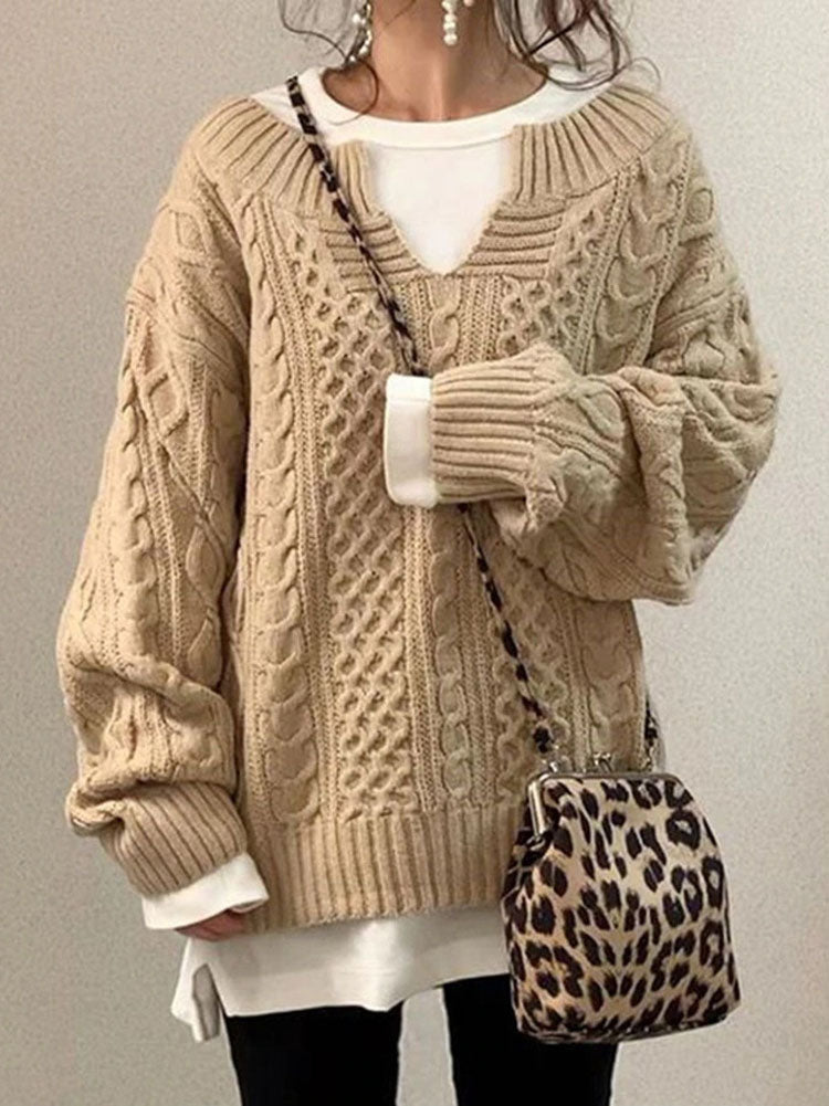 ModeGeist | Kabelstrickpullover - Damen Herbst Grobstrickpullover mit Schlitzkragen