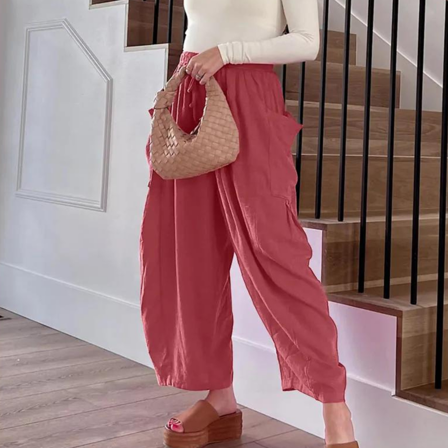 Baumwoll-Leinen Hose Louinda mit weitem Bein, elastischem Bund und Taschen