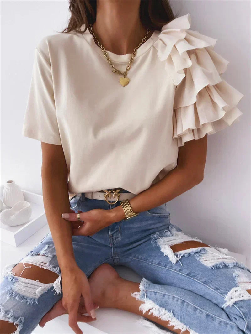 MODEGEIST Damen Top Rüschenärmel Asymmetrisch Statement