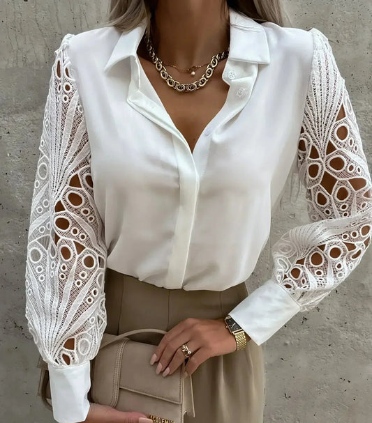 MODEGEIST Damen Bluse Spitzen-Ärmel Elegant Schwarz