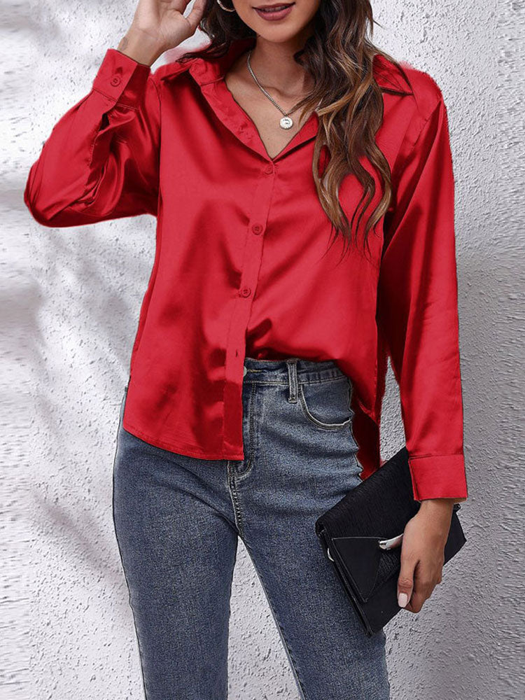 Damen-Bluse mit Knöpfen – Leichte Frühlingsbluse mit weitem Schnitt – Langarm-Oberteil aus Kunstseide