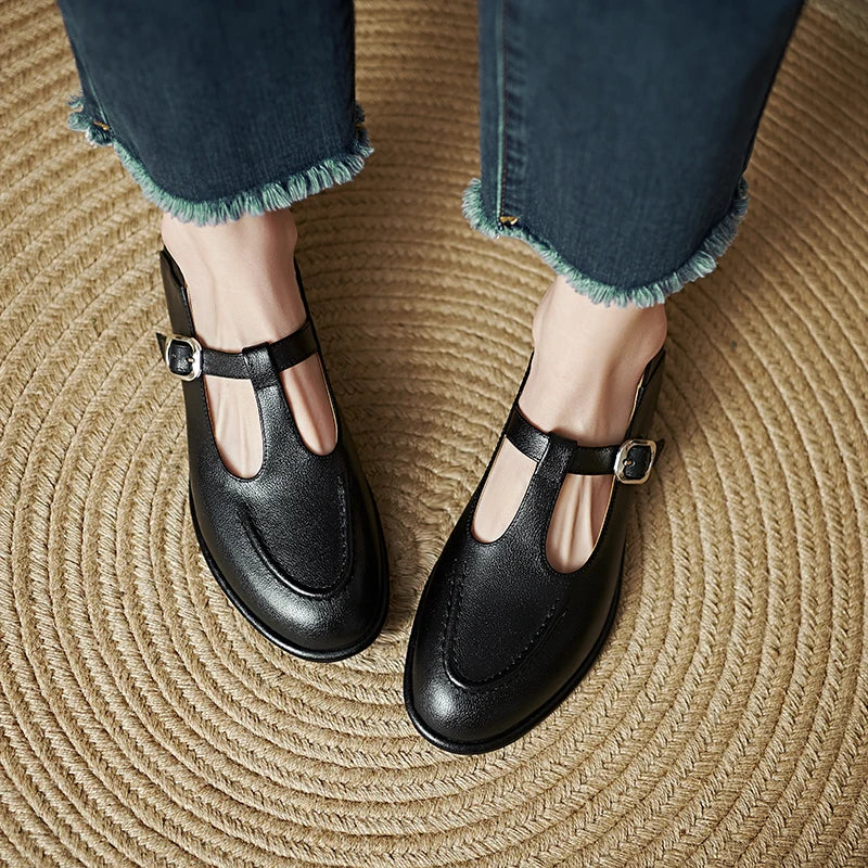 MODEGEIST Damen T-Spangen Mary Jane Flats Runde Zehenkappe