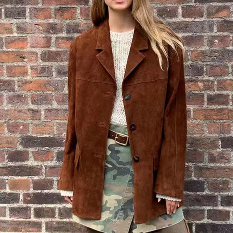 Braune Wildleder-Baumwolljacke für Damen im Vintage-Stil von Reishana