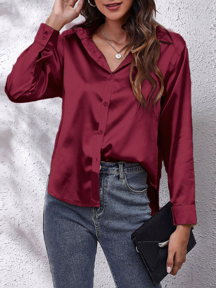 Damen-Bluse mit Knöpfen – Leichte Frühlingsbluse mit weitem Schnitt – Langarm-Oberteil aus Kunstseide
