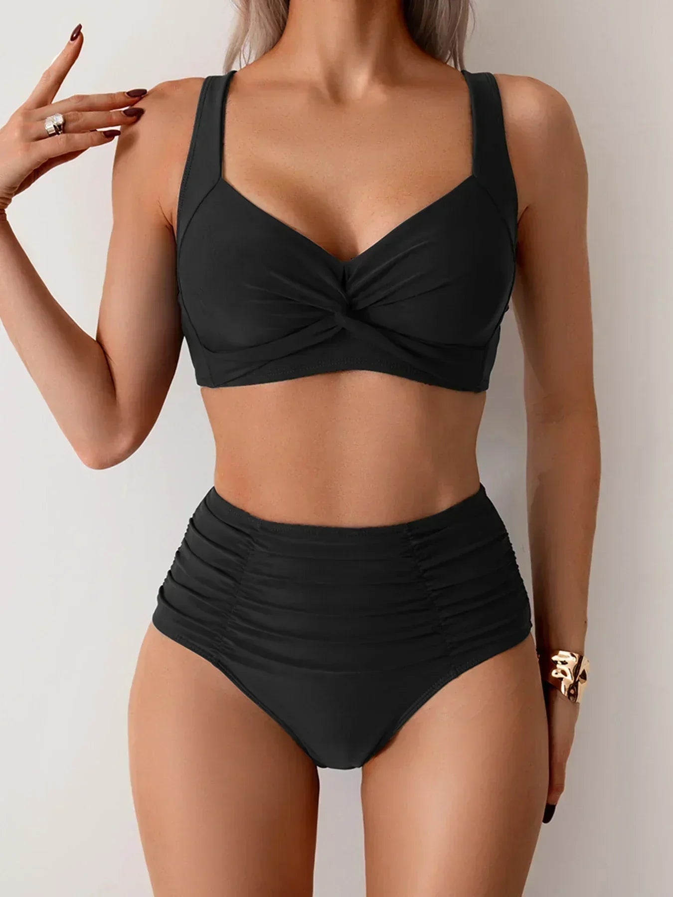 MODEGEIST Damen Bikini High-Waist Twist-Top Schwarz