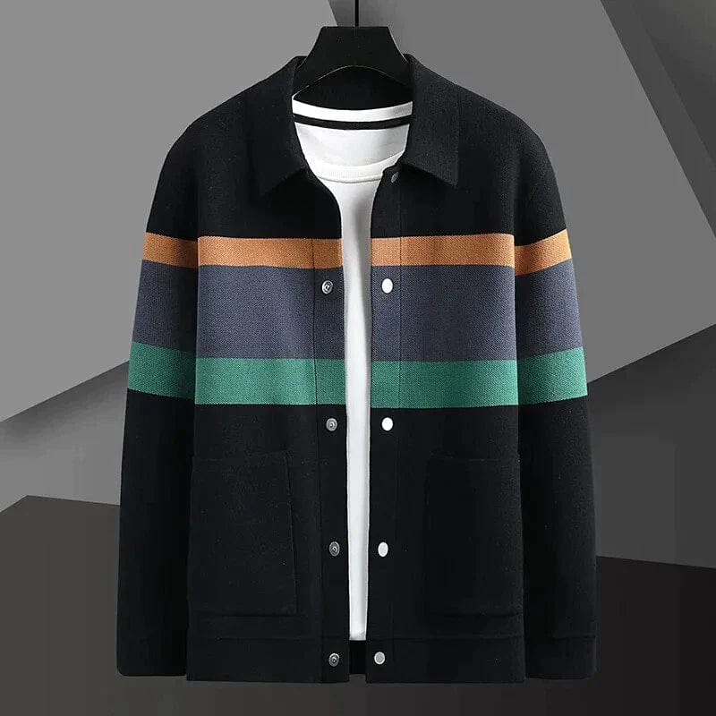 Herren-Strickjacke mit gestreiftem, geknöpftem Kragen