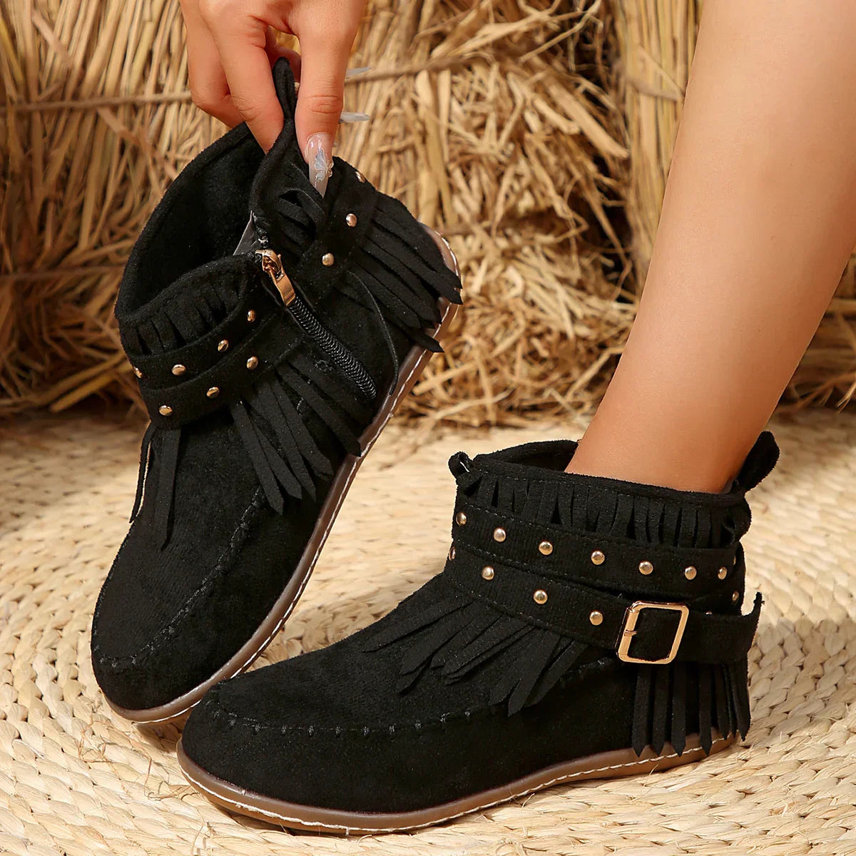 ModeGeist | Retro Kunstwildleder Schnalle Cowboy Stiefeletten