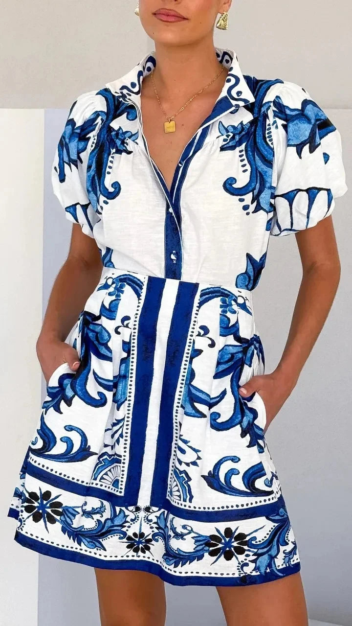 MODEGEIST Damen Mini-Kleid Puffärmel Blumenmuster Rosa Rot Hemdkragen