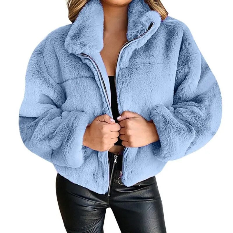 ModeGeist | Faux-Fur-Jacke - Übergroßer Schnitt - Hoher Kragen - Volle Reißverschluss - Weich & Gemütlich