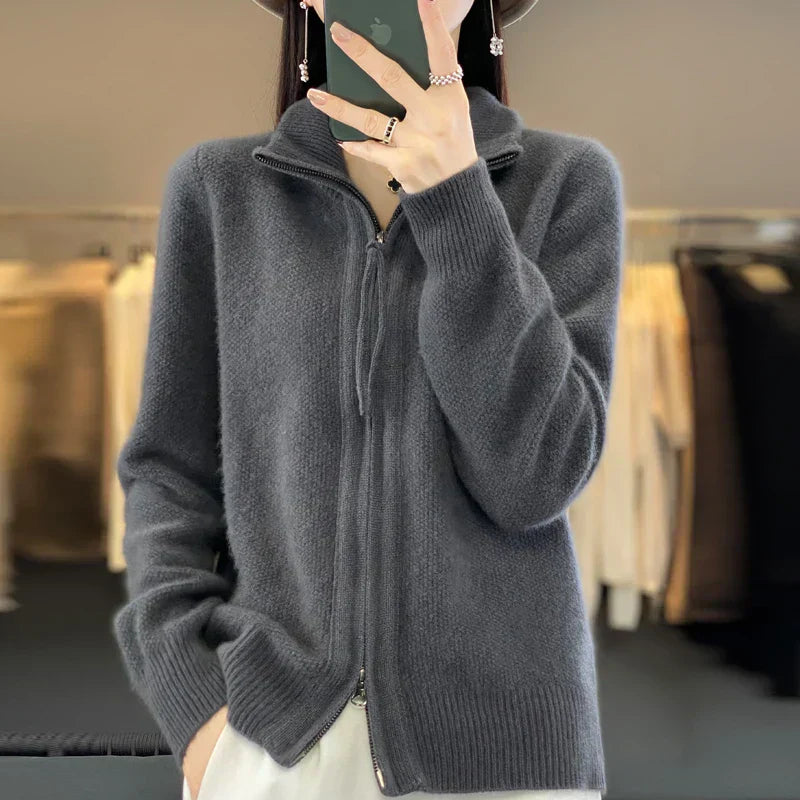 ModeGeist | Woll Cardigan Doppelter Reißverschluss und Hoher Kragen Weich und Elegant