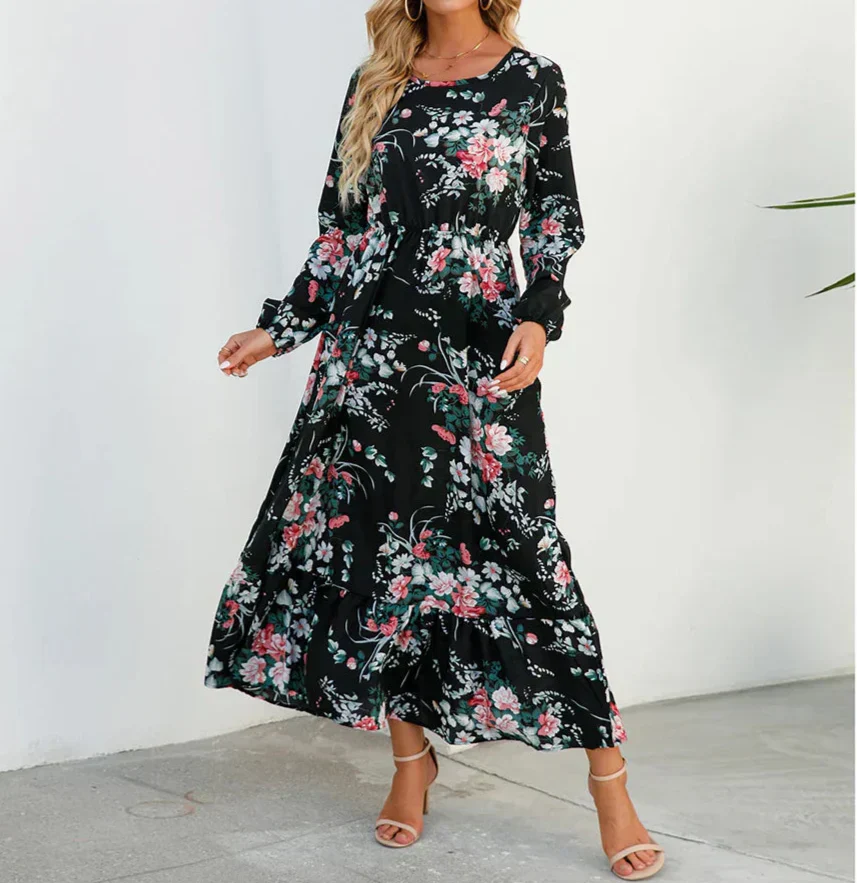 MODEGEIST Damen Maxi-Kleid Blumenmuster Verstellbare Träger Sommerkleid Fließend