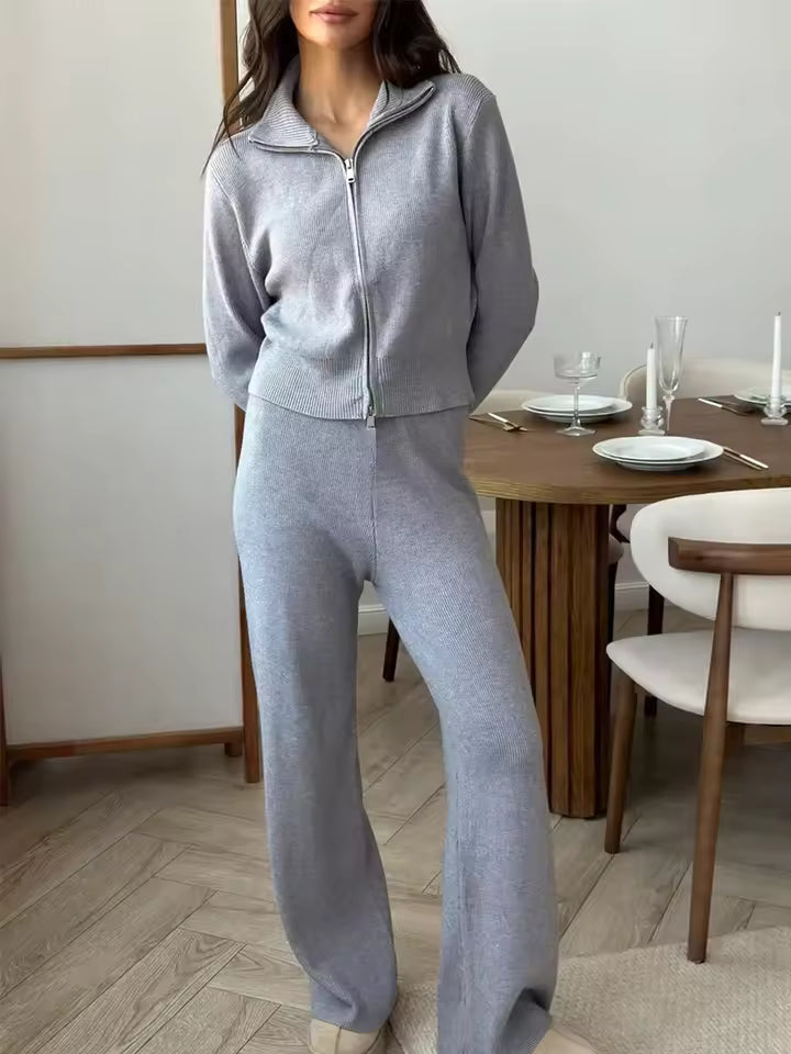 ModeGeist | Damen 2 Teiliges Loungewear Satz mit Reißverschlussjacke und Weitem Hosen