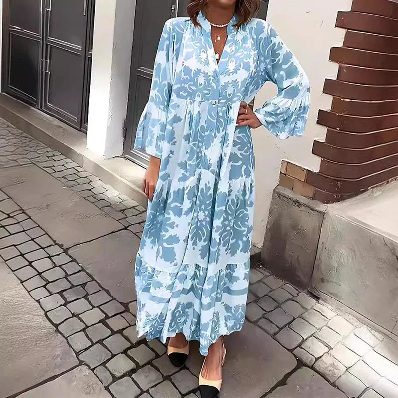 MODEGEIST Damen Boho Maxikleid fließend bedruckt Muster lange Ärmel
