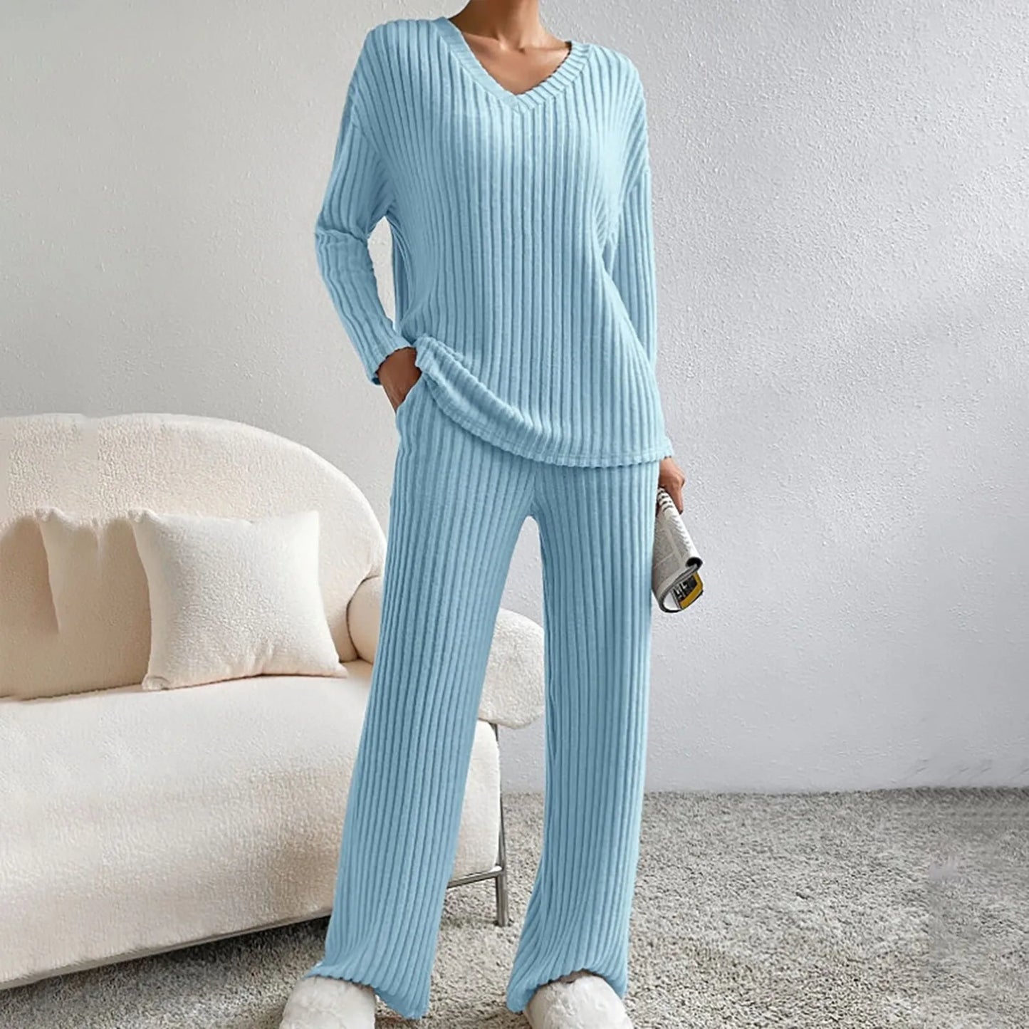 MODEGEIST Damen Strick Zweiteiler Set Entspannt Beige Loungewear