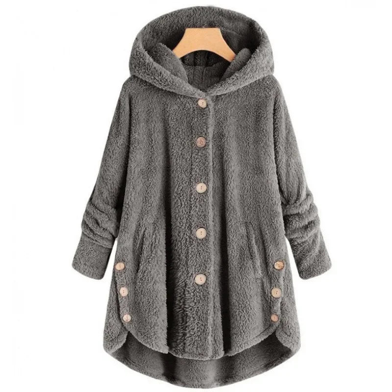 ModeGeist | Fleecejacke - Lockere Passform - Kapuze - Knopfverschluss - Verlängertes Rückenteil