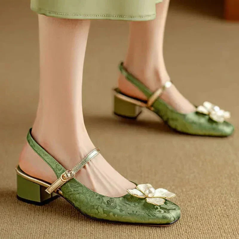 MODEGEIST Damen Slingback Pumps Blumenmuster Blockabsatz Eckige Spitze