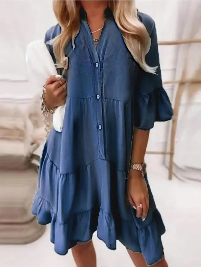 MODEGEIST Damen Mini-Kleid Jeans Volants Knopfleiste Hellblau