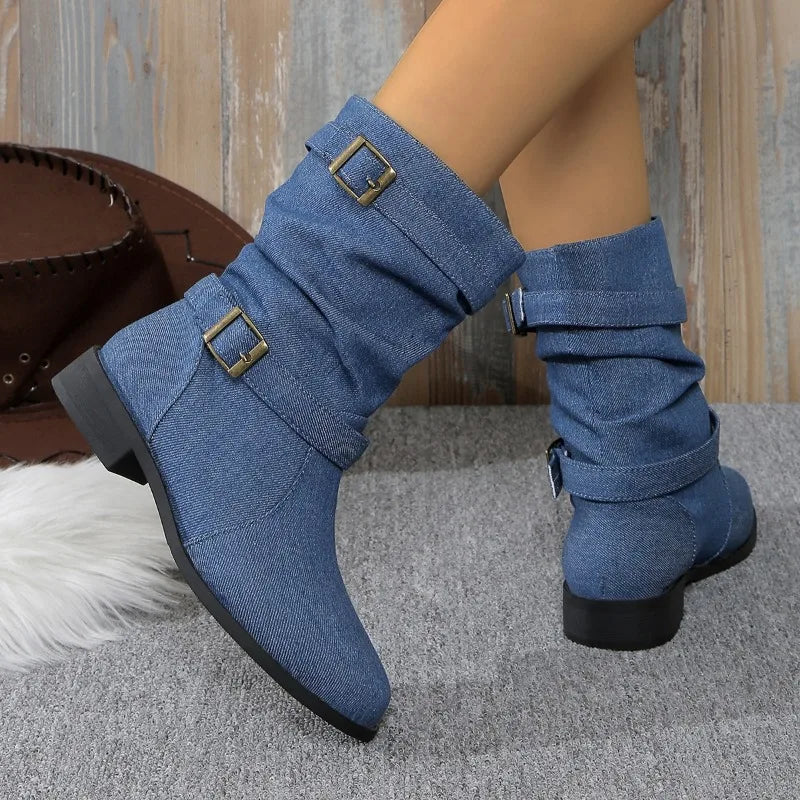 ModeGeist | Denim Schnallen-Stiefeletten