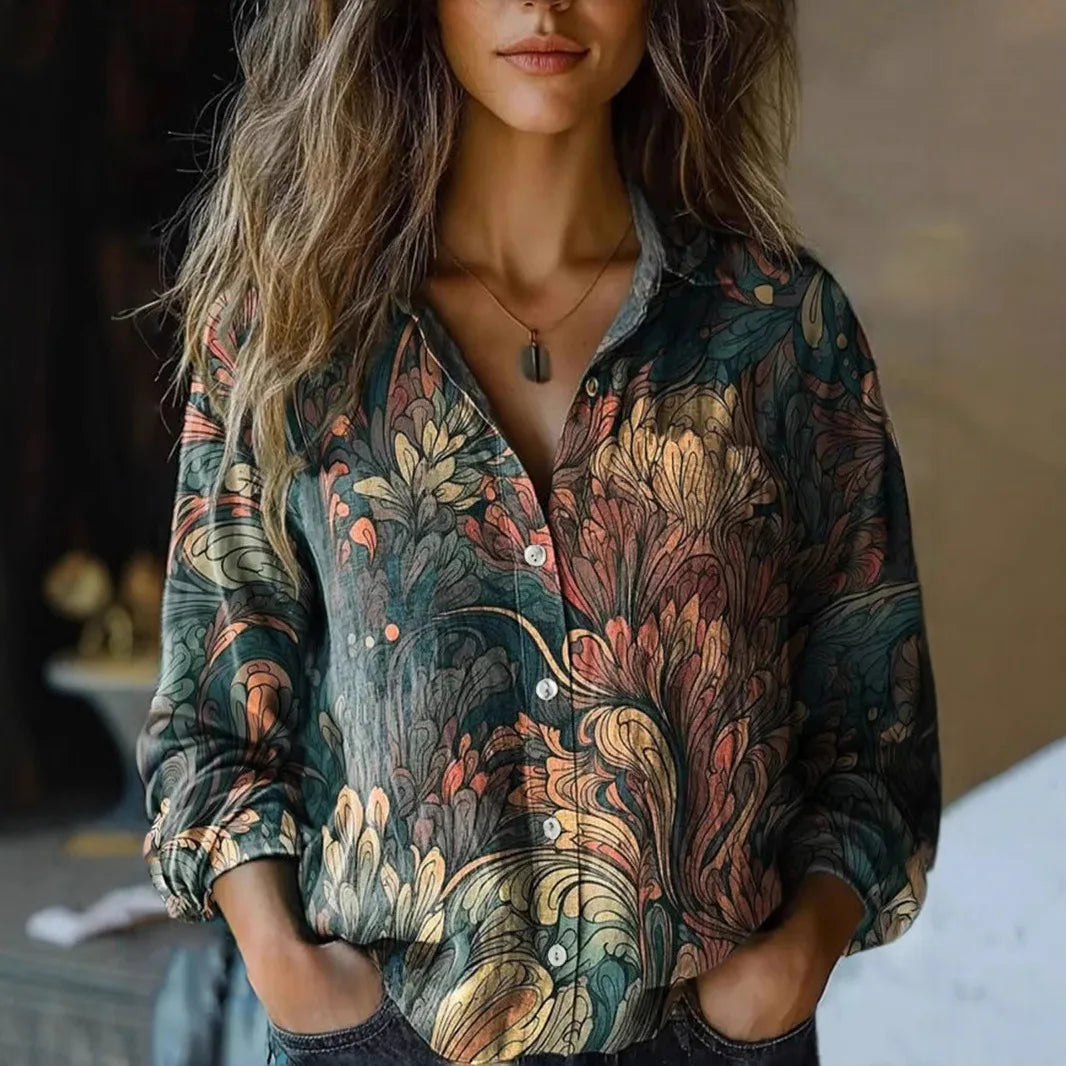 MODEGEIST Damen Bluse Langarm Blumenmuster Herbstfarben Knopfleiste