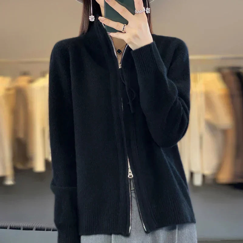 ModeGeist | Woll Cardigan Doppelter Reißverschluss und Hoher Kragen Weich und Elegant