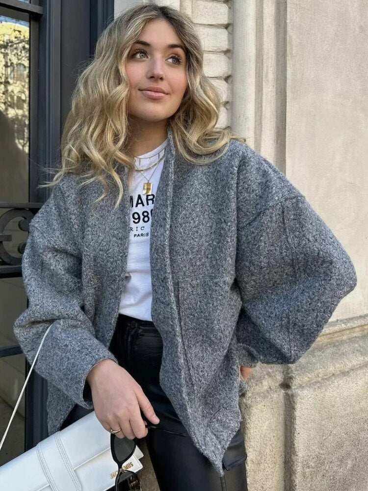 ModeGeist | Damen Oversized Jacke Top Coat Lange Ärmel mit Versteckten Knöpfen