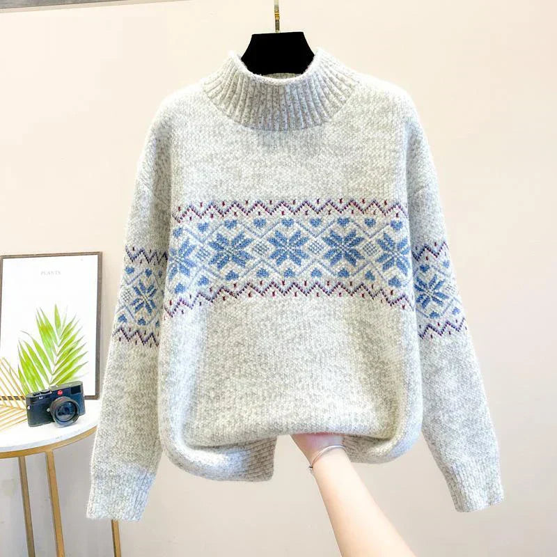 MODEGEIST Damen Strickpullover Schneeflocken-Muster Winter Hochkragen