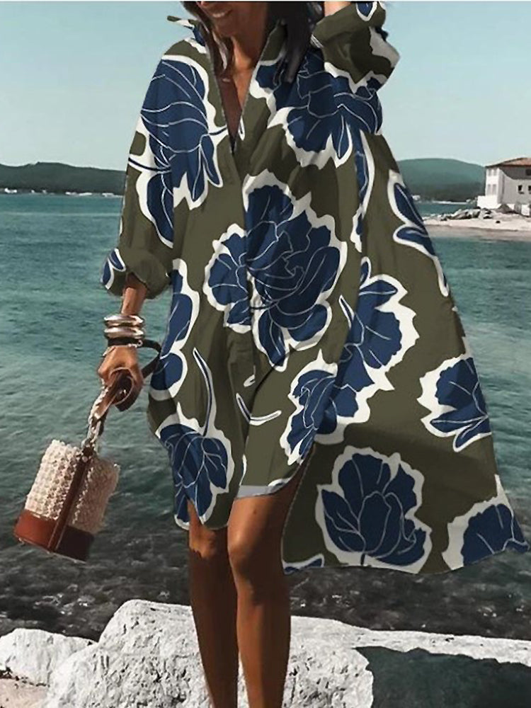 MODEGEIST Damen Midi-Hemdblusenkleid Oversize Kurzarm Baumwolle