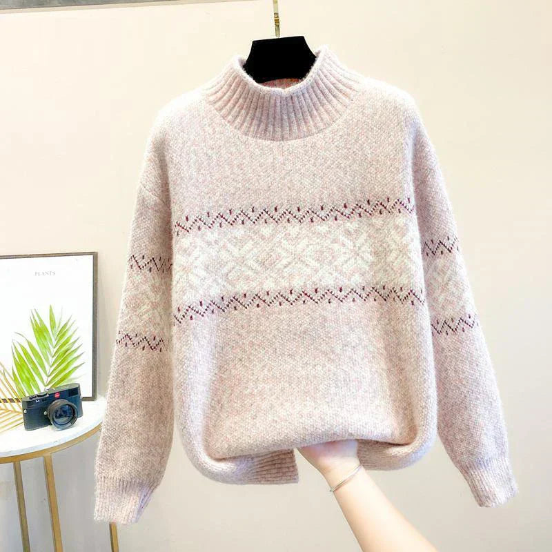 MODEGEIST Damen Strickpullover Schneeflocken-Muster Winter Hochkragen