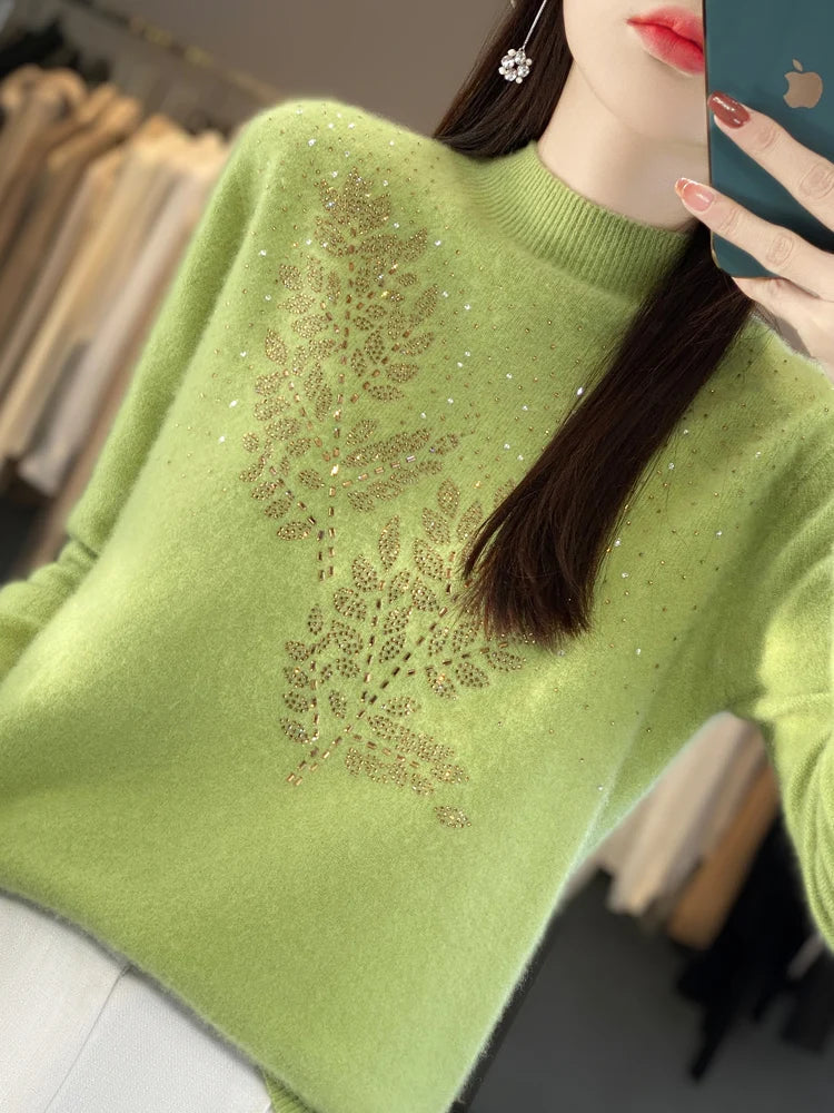 MODEGEIST Damen Pullover Verziert Blatt-Design Elegant Vielseitig