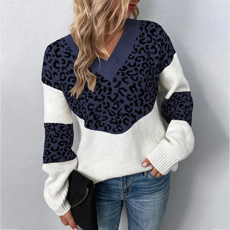 MODEGEIST Damen V-Ausschnitt Pullover Leopardenmuster Weichstrick