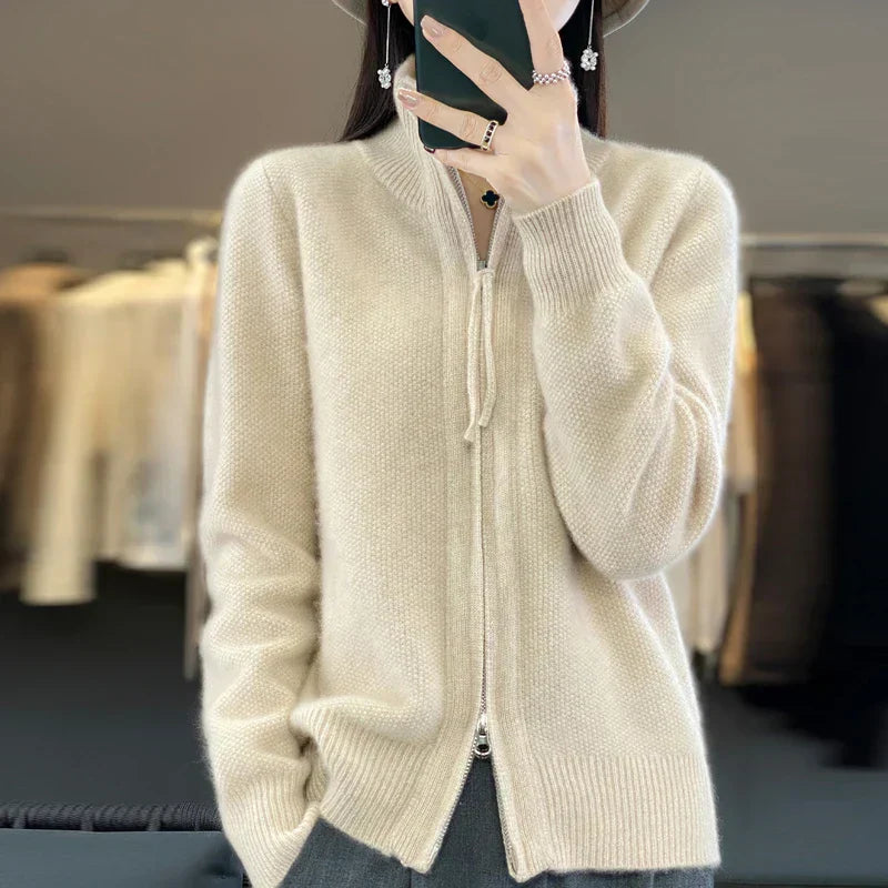ModeGeist | Woll Cardigan Doppelter Reißverschluss und Hoher Kragen Weich und Elegant