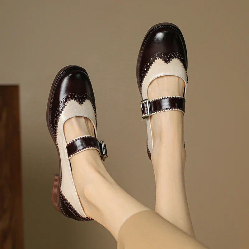 MODEGEIST Damen Brogue T-Spangen Schuhe Zweifarbig Klassisch