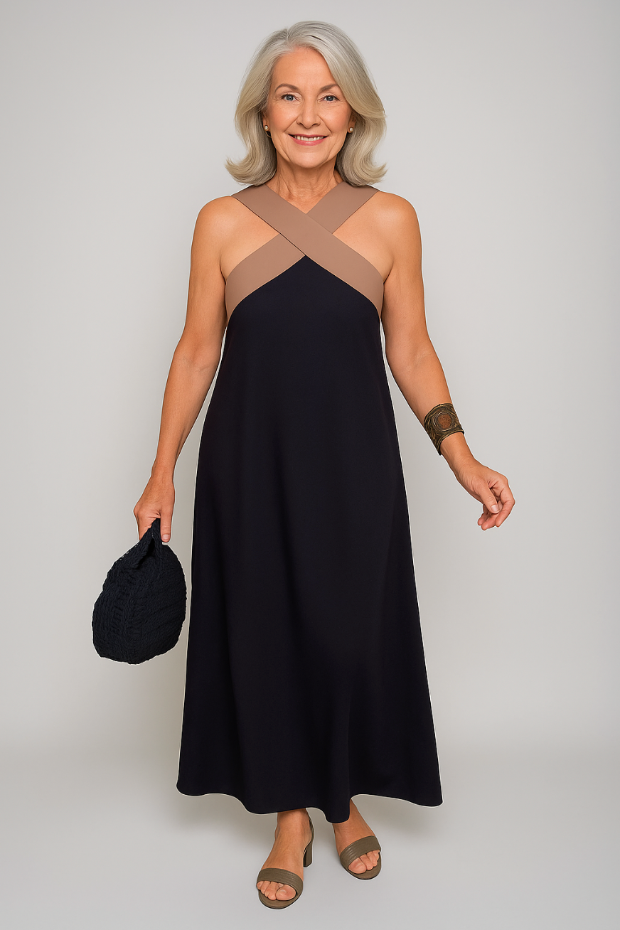 MODEGEIST Damen Maxi-Kleid Kreuzausschnitt Fließend Beige