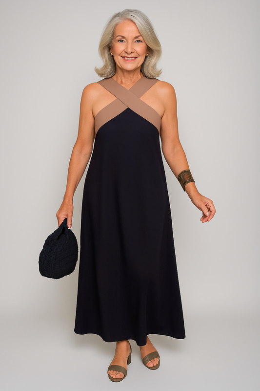 MODEGEIST Damen Maxi-Kleid Kreuzausschnitt Fließend Beige