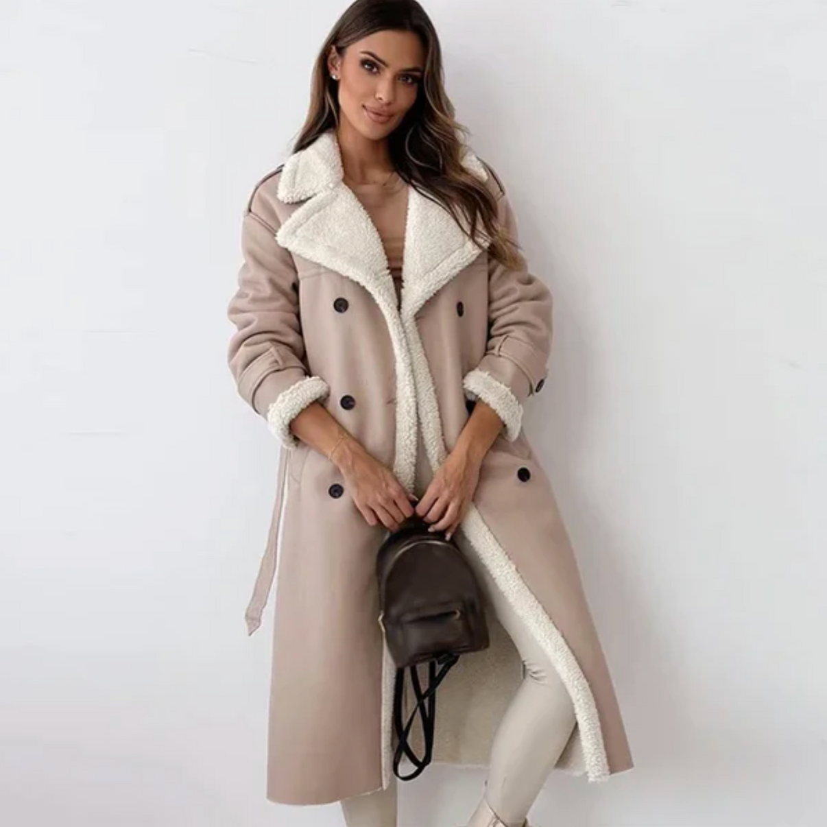 ModeGeist | Warme Lange Teddy Damenjacke mit Gürtel