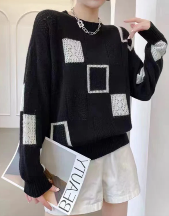 MODEGEIST Damen Strickpullover Patchwork Design Langarm warm Winter