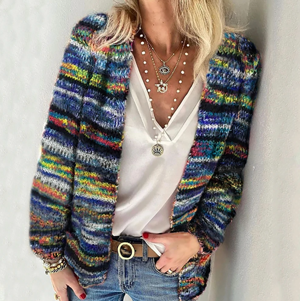MODEGEIST Damen Cardigan Mehrfarbig Offener Schnitt Langarm Herbst