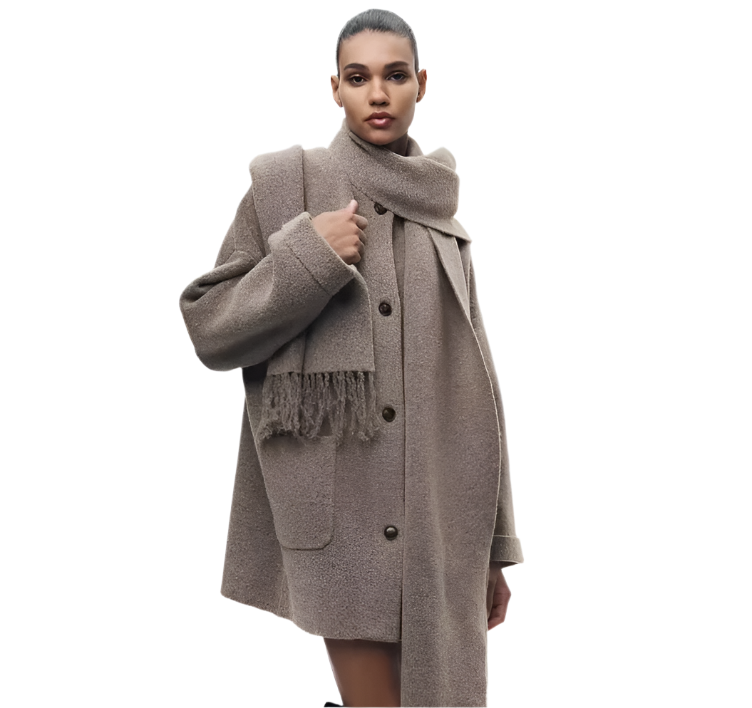 ModeGeist | Bequeme Damen-Cardigan mit Eingebautem Schal