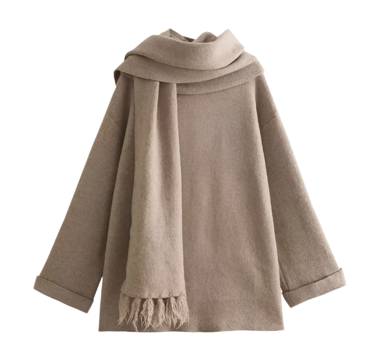 ModeGeist | Bequeme Damen-Cardigan mit Eingebautem Schal