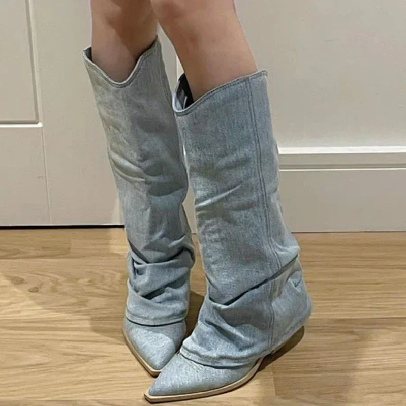 ModeGeist | Denim-Kniestiefel mit Trendigem Look für Damen