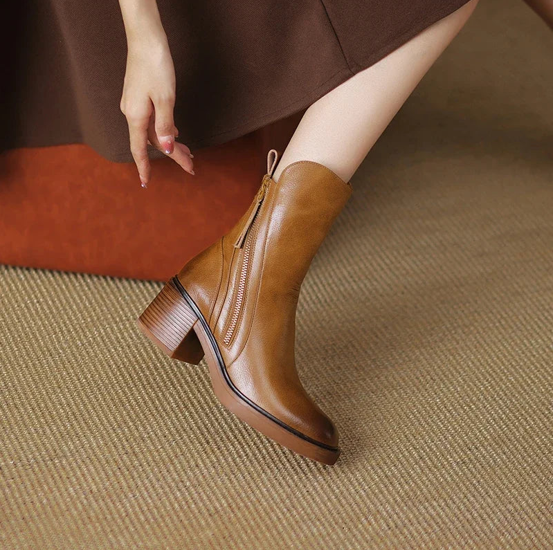 ModeGeist | Damenstiefelette Aus Echtem Leder mit Blockabsatz