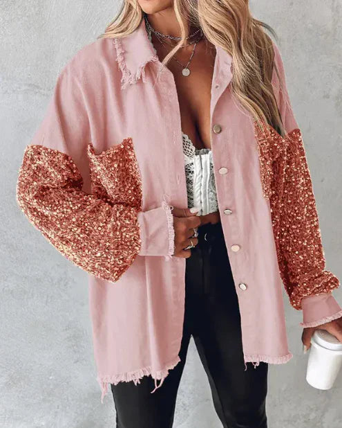 ModeGeist | Langärmlige Paillettenjacke mit Knopfverschluss Vorne