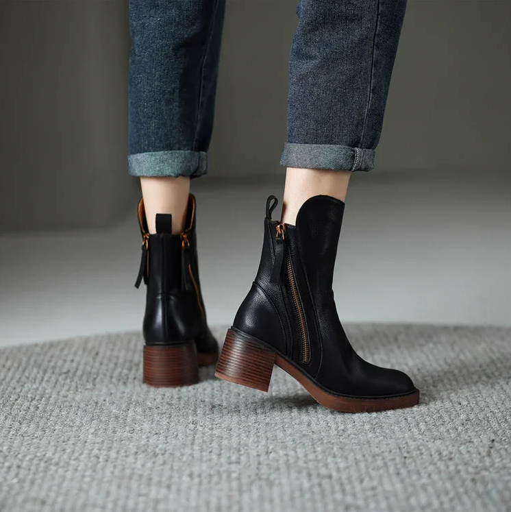 ModeGeist | Damenstiefelette Aus Echtem Leder mit Blockabsatz
